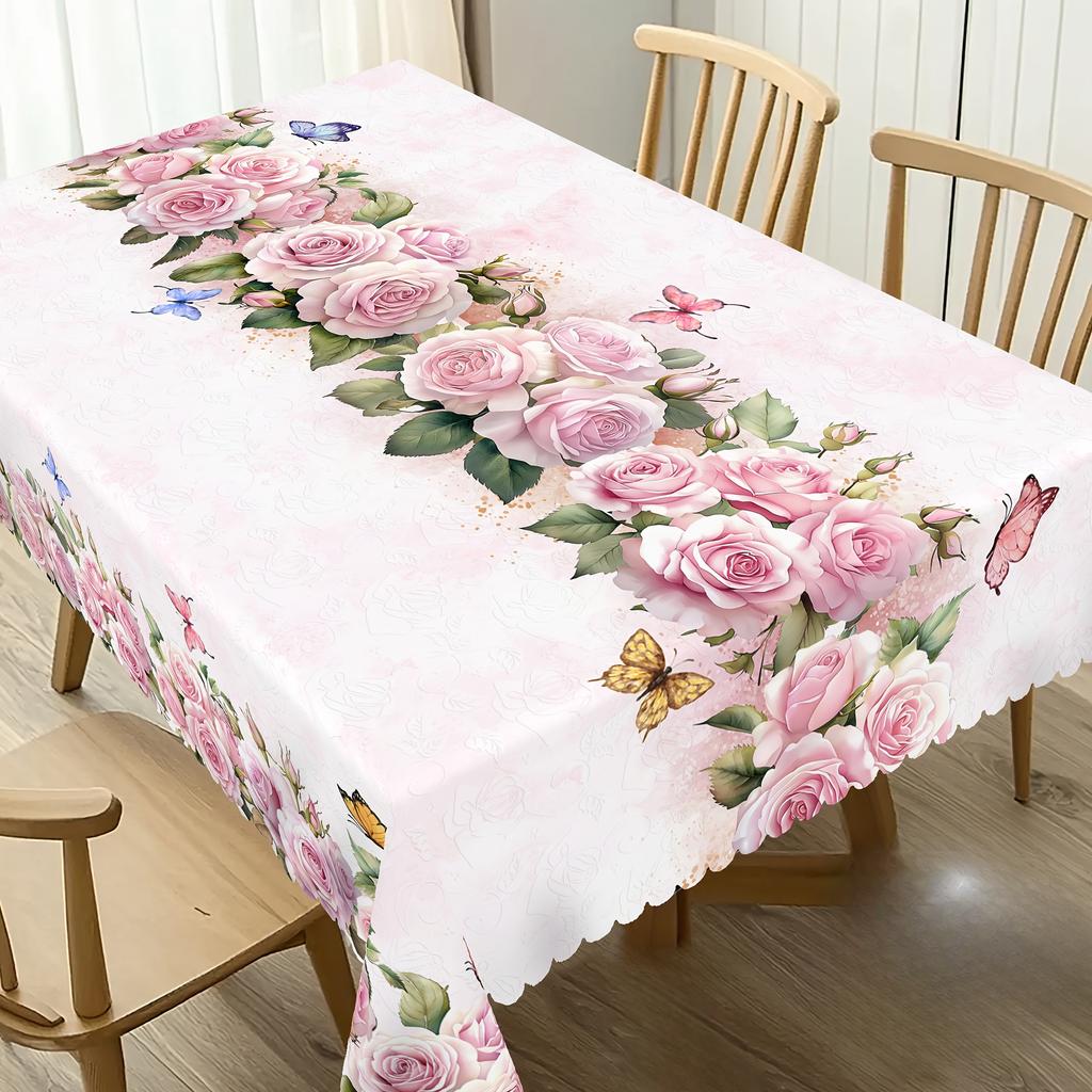 Spring Pink Rose Flowers Linen Tablecloth Wedding Party Decor Seasonal Floral Butterfly Table Cloths Mother'S Day Decorations
