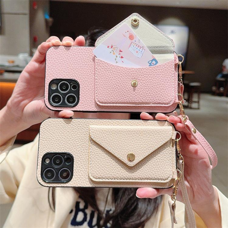 Applicable To Iphone16promax Lychee Pattern Card Bag Leather Case 14plus Crossbody Card Lanyard Mini Protective Cover