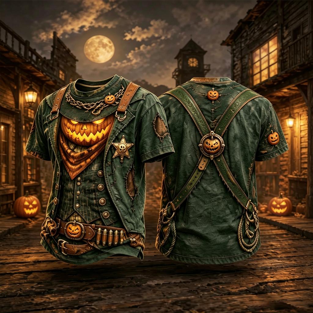 Halloween Pumpkin Sheriff Graphic T-Shirt for Western Theme, Short Sleeve