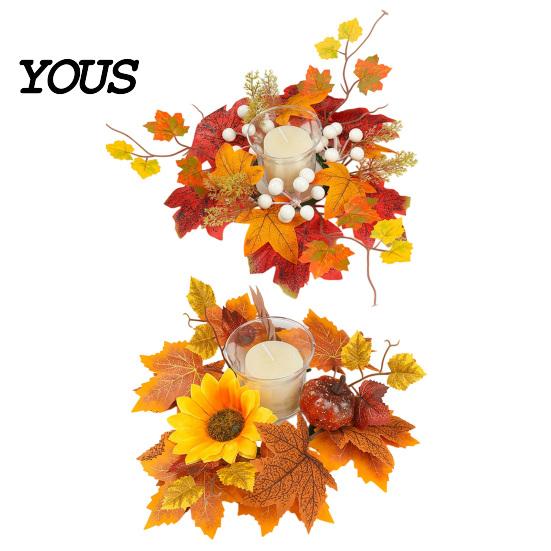 Berry And Pumpkin Candle Decor Fall Rings Wreaths, Artificial Maple Leaf Ring for Pillar Sunflower Holder, Thanksgiving Halloween Home Party