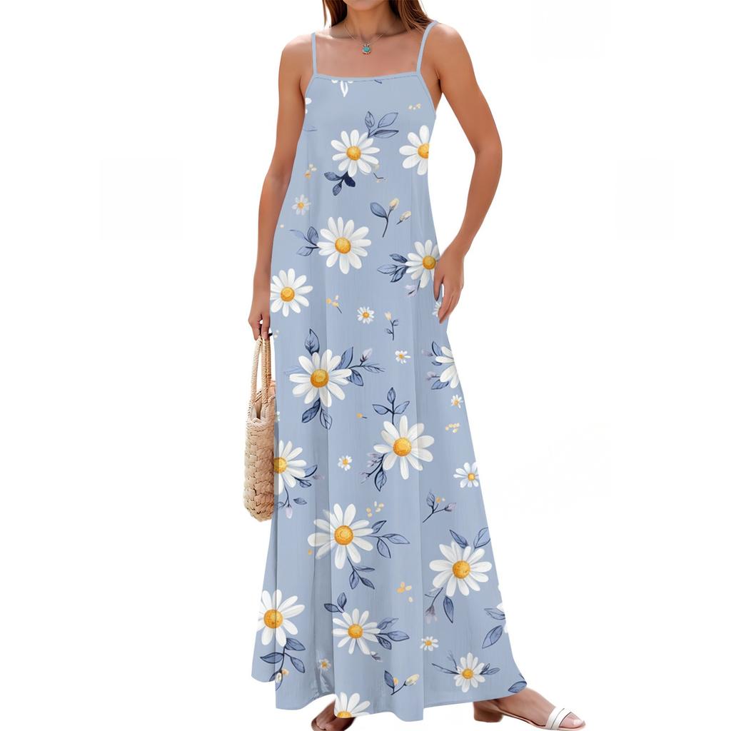 Women's Spring And Summer Casual Fashion Adjustable Suspender Printing Long Dress