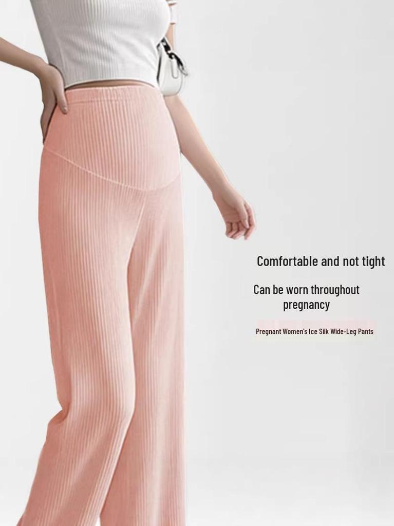 Maternity Wide-Leg Ice Silk Pants - Lightweight, Loose, Plus Size, Tummy Support, Straight Leg, Nine-Point Length for Spring/Summer