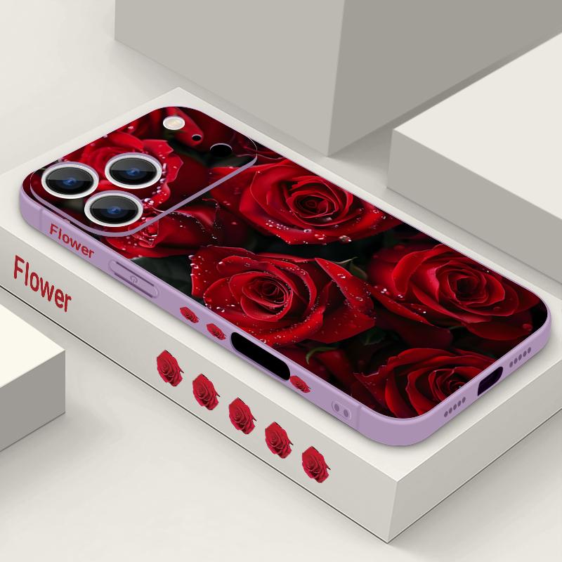 Étui Cordon Motif Fleurs Roses Rouges Pour iPhone 17 Pro Max Funda iPhone 16 15 14 13 Pro Max 11 16E 17E Coque Souple en Silicone