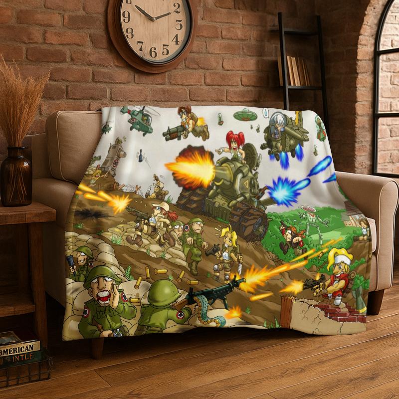 Retro Game Metal Slug Cartoon Flannel Blanket Soft Warm Throw Blanket for Bedroom Living Room Bed Travel Camping Picnic Gift
