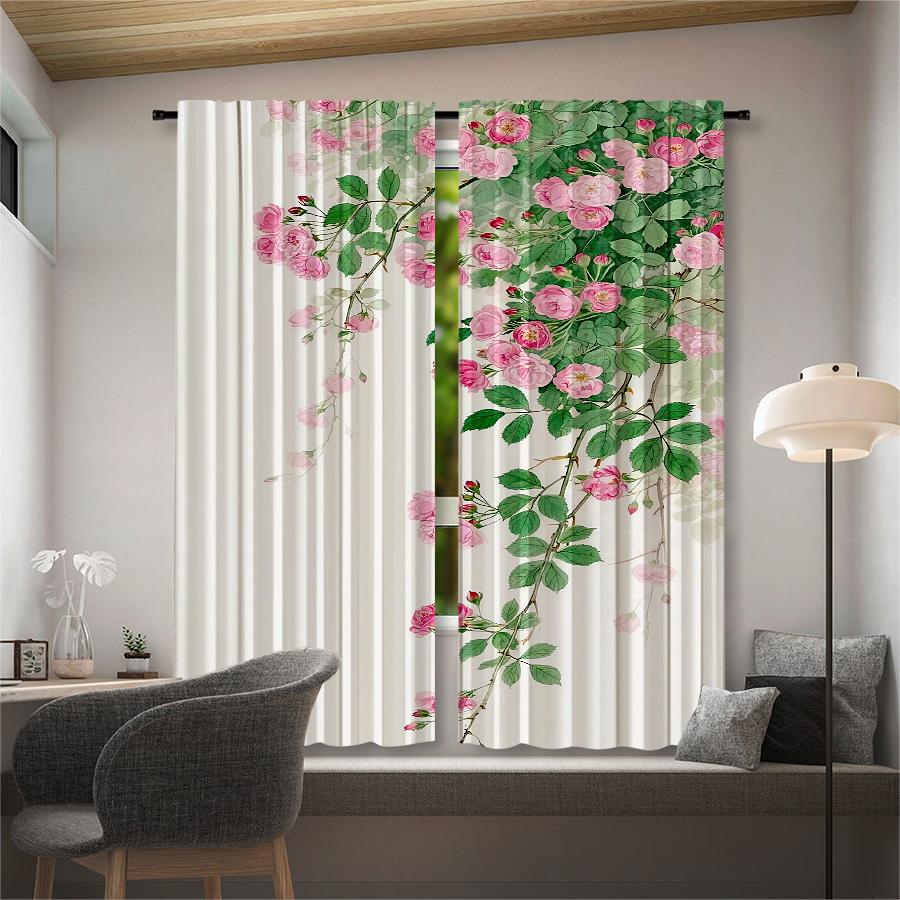 Pink Rose Printed Curtains Pole Bag Christmas Decorations Home Room Set Of 2 Made Polyester