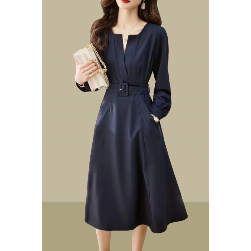 

Waist V-neck Solid Color Belt Long-sleeved Pullover Fashionable Elegant Casual Women s Dress S