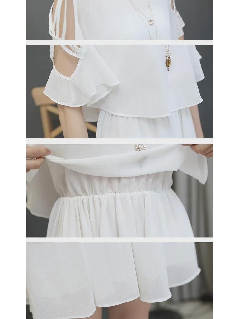 2025 Spring Off-Shoulder Chiffon Dress with Lotus Leaf Sleeves - Medium-Length White Fairy Skirt for Women