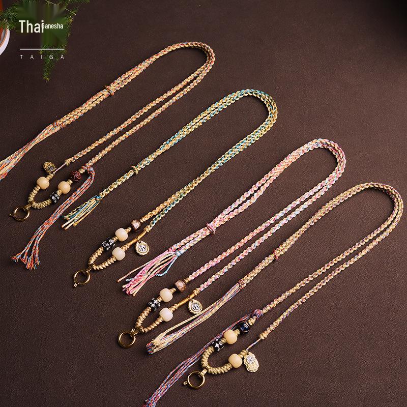 Handmade Thai Amulet Chain: Tibetan Thangka Pendant with Hand-Rubbed Cotton Rope & Dzi Agate - Style A