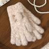 1 Pair Knitted Gloves Leopard Print Plush Warm Winter Gloves with Tie-Dye Color Bow Decoration Touchscreen Gloves