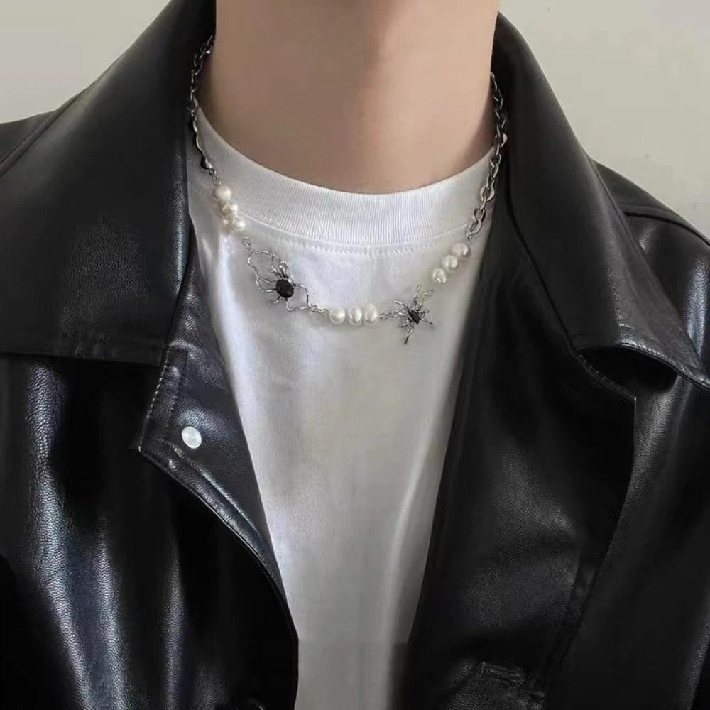 Antique Silver Color Clavicle Chain Stainless Steel Beads Chain Spider Necklace Men Women Jewelry