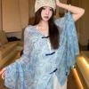 Small fresh green floral silk scarf women's summer travel buckle sunscreen large shawl beach towel thin yarn scarf scarf