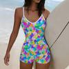 Summer Beach Pool Wear Colored Drawing Printed One Piece Boy Short Swimsuit Women Athletic Slim Fit Bathing Suit