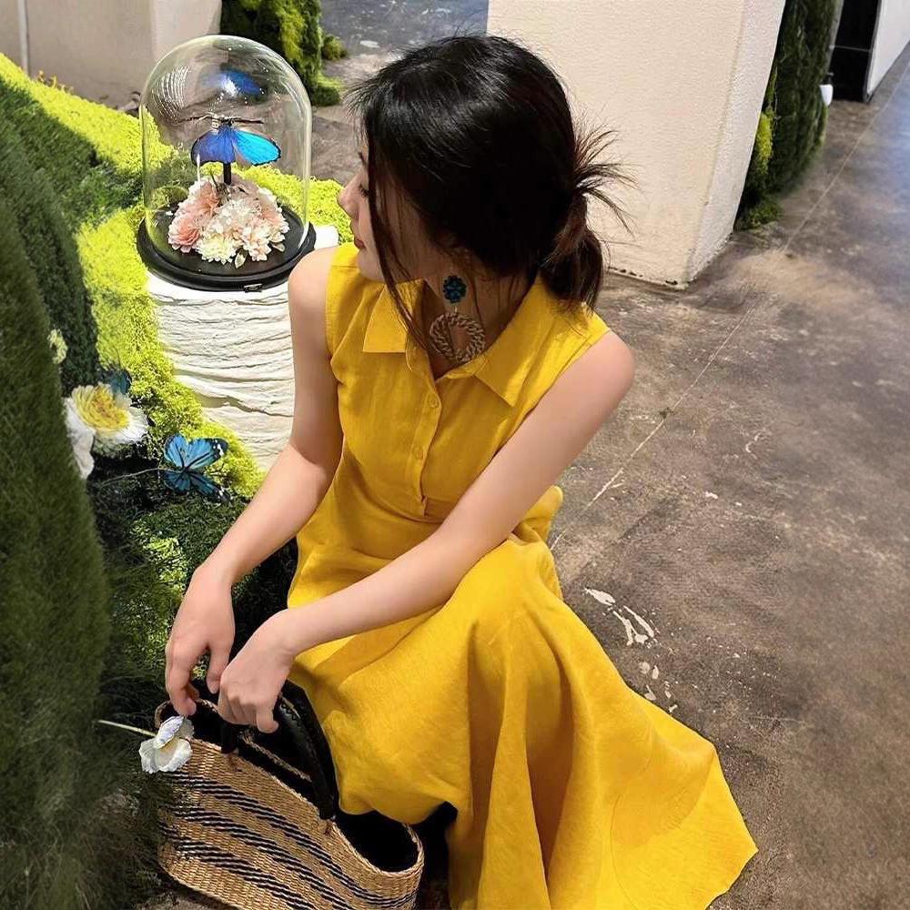 Plus Size Yellow Sleeveless Dress for Women - Summer Vacation Elegant Style