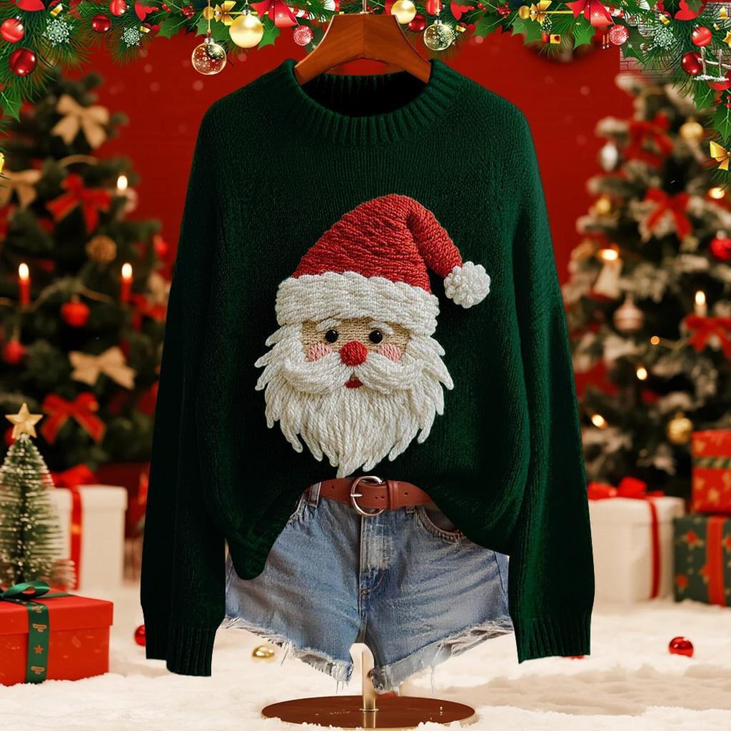 Women's Fashion Christmas Print Pullover Long-Sleeve  Neck Knit Sweater Top
