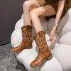 He Sui Style Versatile Western Cowboy Boots: Summer Chunky Heel, Embroidered, Pull-On Mid-Calf with Square Toe, Riding Boots In Plus Size.