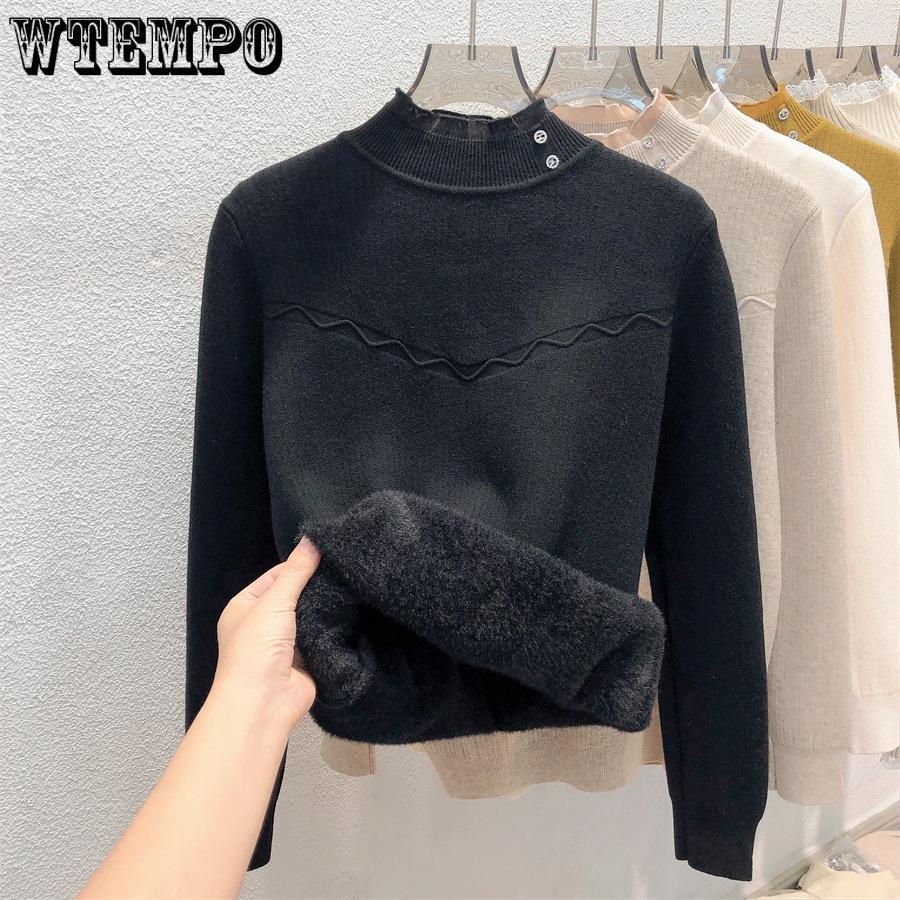 Women's Semi High Neck One-piece Velvet Pullover Sweater with Added Velvet Thickness Base Sweater Solid Color Casual Knit Sweater Autumn and Winter