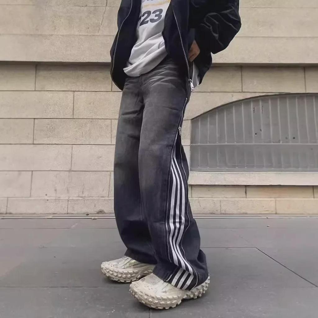 Pánské černé pruhované retro džíny s rovnými nohavicemi - Jarní/podzimní móda