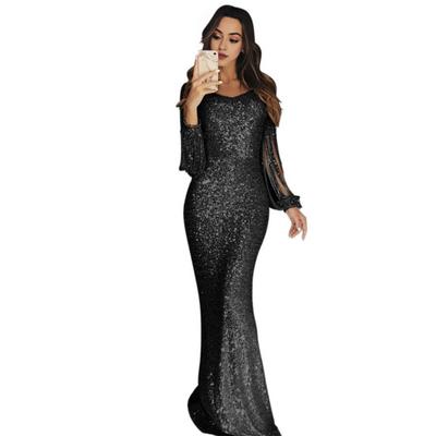 Women Prom Dress Tassel Sleeves Sheath Slim Fit V Neck Solid Color Sequin Fishtail Hem Evening Dress Cocktail Party Maxi Dress