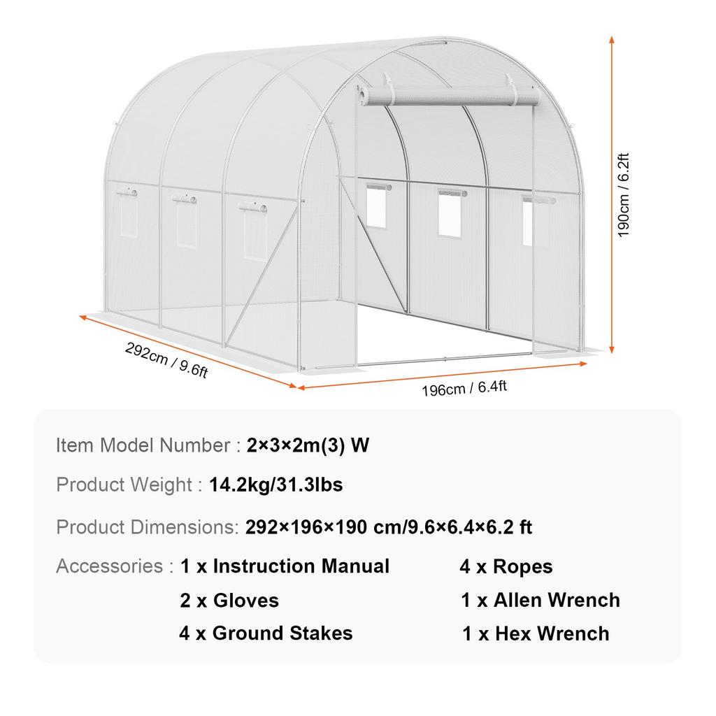 VEVOR Walk-in Tunnel Greenhouse 2.9x2x1.9 m Galvanized Frame PE Cover White