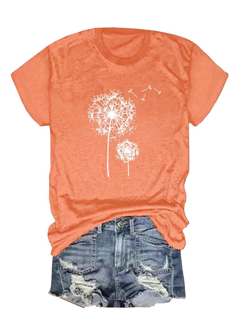 European and American Summer Women's Dandelion Print Round Neck Short-Sleeve Casual T-Shirt
