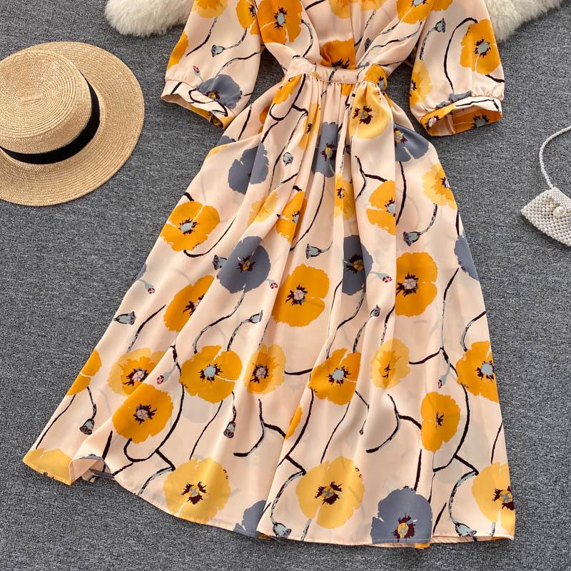 Abito estivo da donna stampato vintage elegante scollo a V manica a sbuffo vita alta abito midi a trapezio abiti da spiaggia per le vacanze femminili