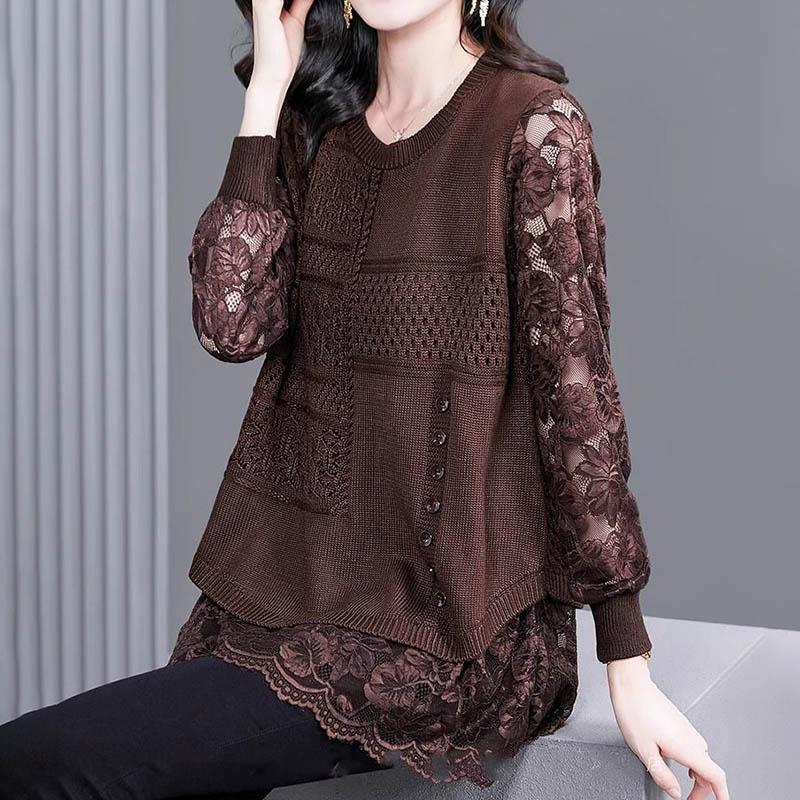 

Пуловеры Женские Длинный Рукав Осень Зима Хлопковая Блузка Оверсайз Удобные Эластичные Свободные Топы XXXXL кофейный