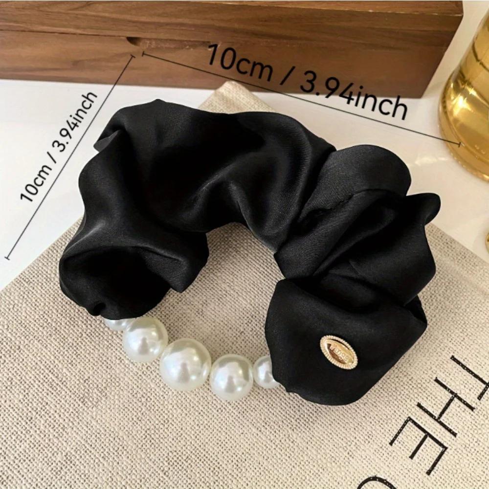 Cream Sea Blue Satin Pearl Border Large Intestine Headband Temperament Gentle Low Ponytail High-end Feeling Travel Rubber Band