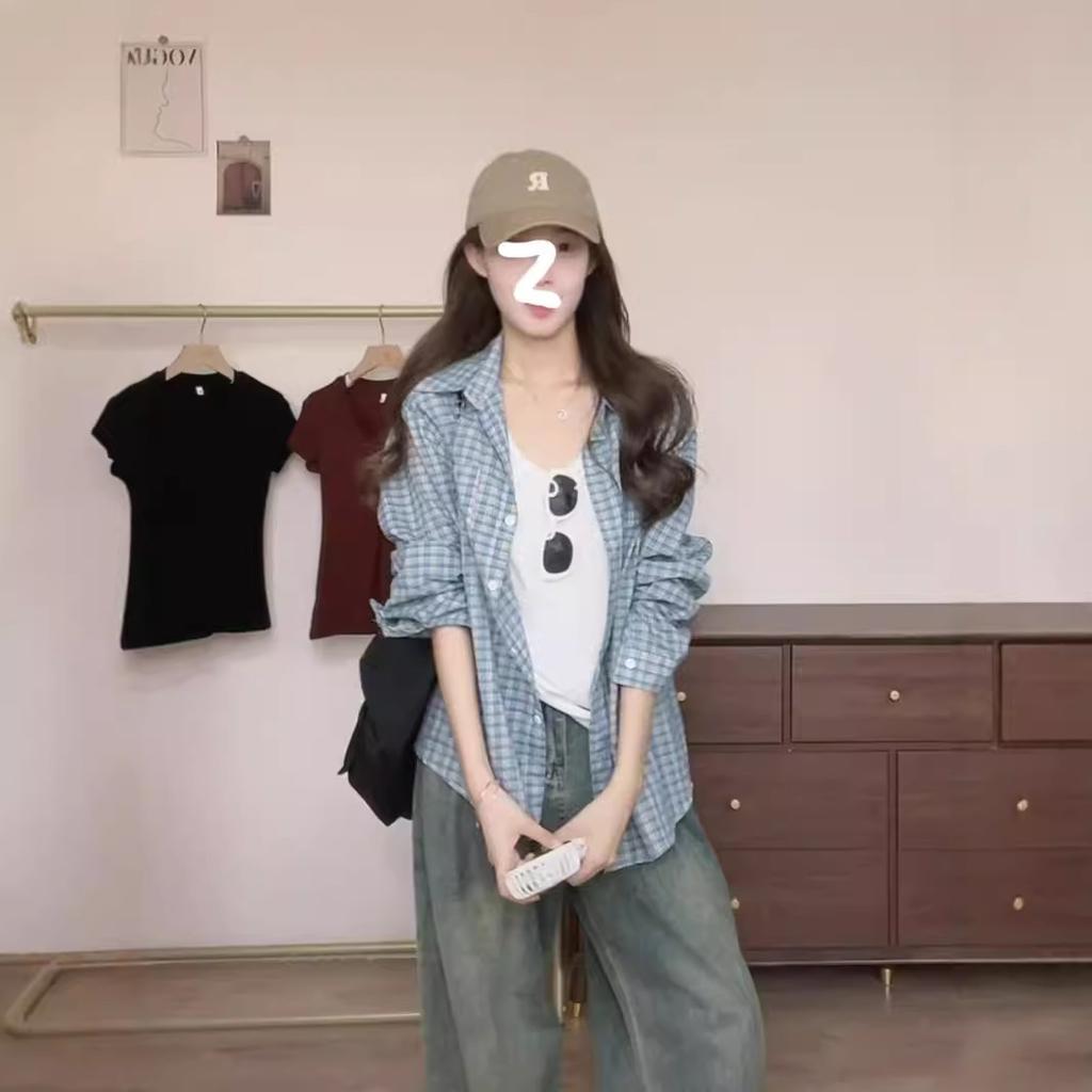 Star Zhang Ruonan Sunscreen Shirt Women's Spring Temperament Lazy Large Size Blue Plaid Shirt Long Sleeves