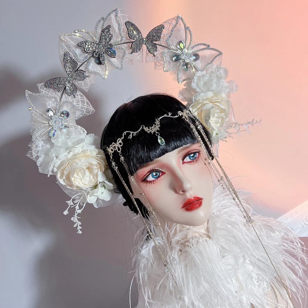 Lolita Fairy Butterfly Halo Crown Headpiece Bridal Wreaths Flowers Headband Women Girl Mermaid Princess Elf Cosplay Headdress
