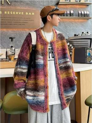 Men's Retro Gradient Color Block Cardigan - Trendy Autumn/Winter Knitwear