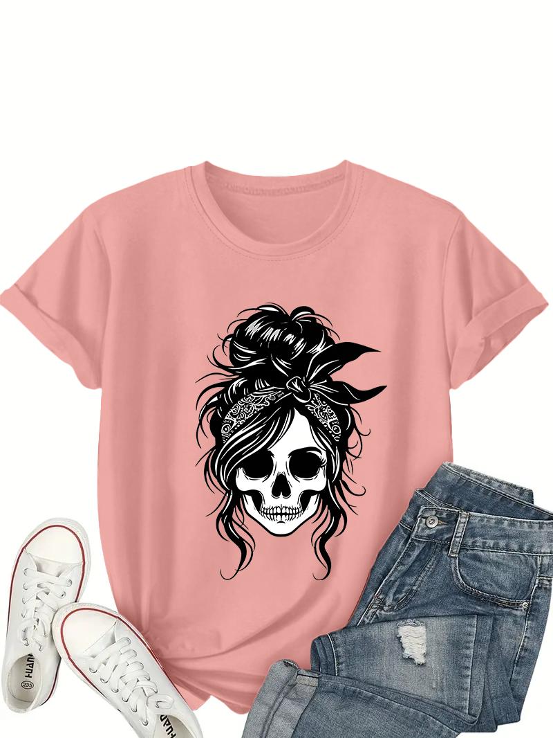 

Women s Casual T-Shirt - Black Geometric Skull & Floral Print, Round Neck Short Sleeve Top for Spring/Summer Personality Y2K Top S