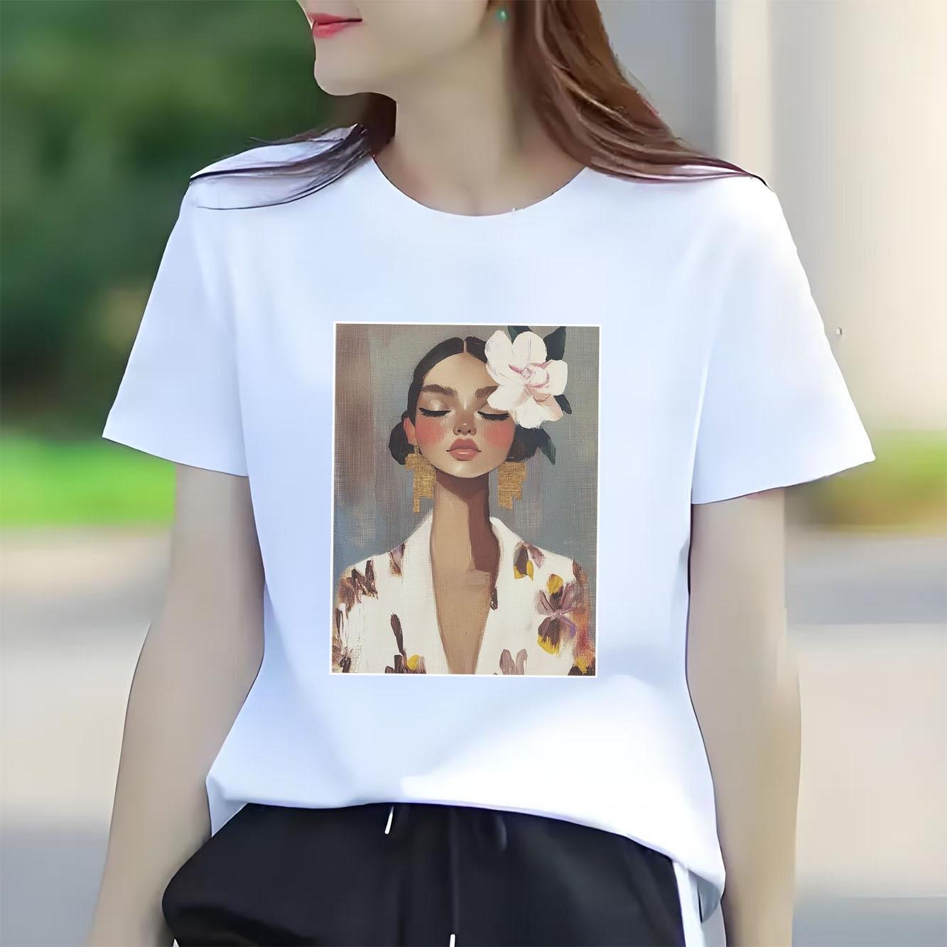 

New Fashion Beauty Printed Tshirt Oil Painting Style Casual Short Sleeve Fashion Versatile Womens Tshirt 4XL