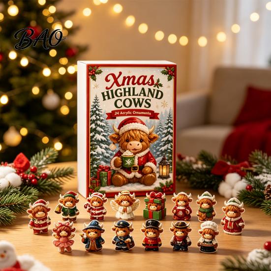 Decorative Tabletop Display 2026 Highland Cow Advent Calendar, 24 Day Christmas Countdown Calendar with 2D Acrylic Collectible Durable Hanging Pieces