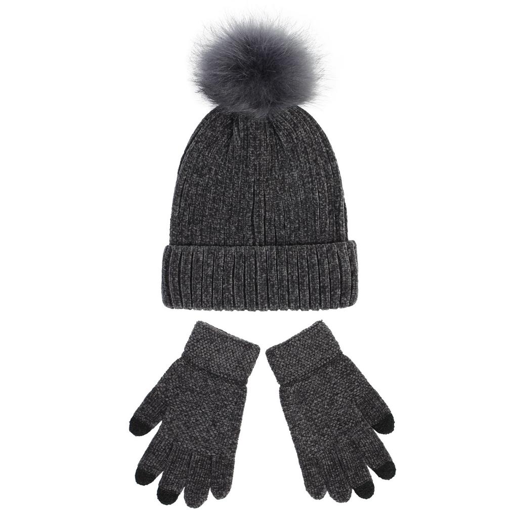 Knitted Hat, Women's Chenille Wool Hat, Glove Set, Thickened Warm Wool Ball Hat