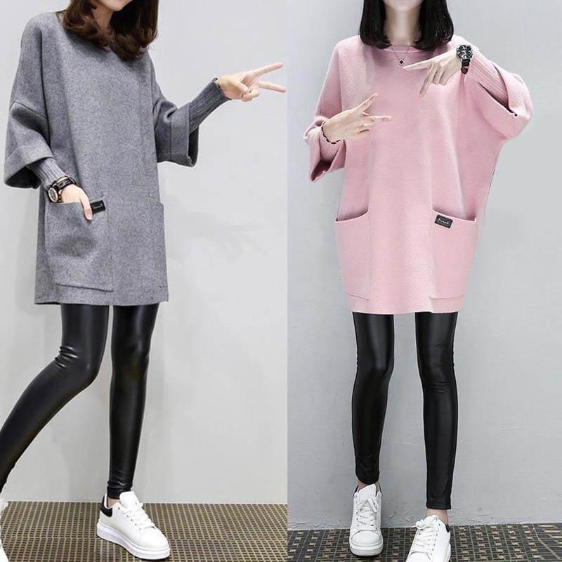 Neck Round Women Long Sleeve Solid Patchwork Hoodie Loose Sweatshirt Pocket