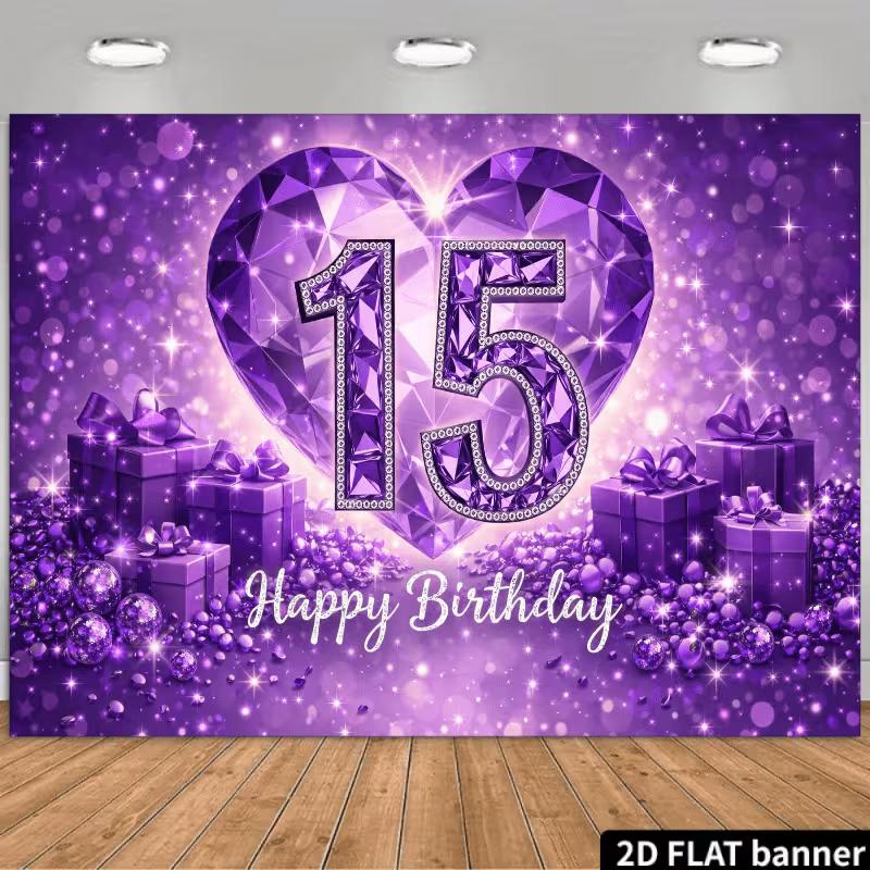 

2D 15th Birthday Party Backdrop, Purple Glitter Diamond & Gift Box Photo Background 47.2x31.5inch/120*80cm