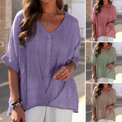 Camicette e camicie da donna con scollo a V, maniche corte, stampa tinta unita casual alla moda