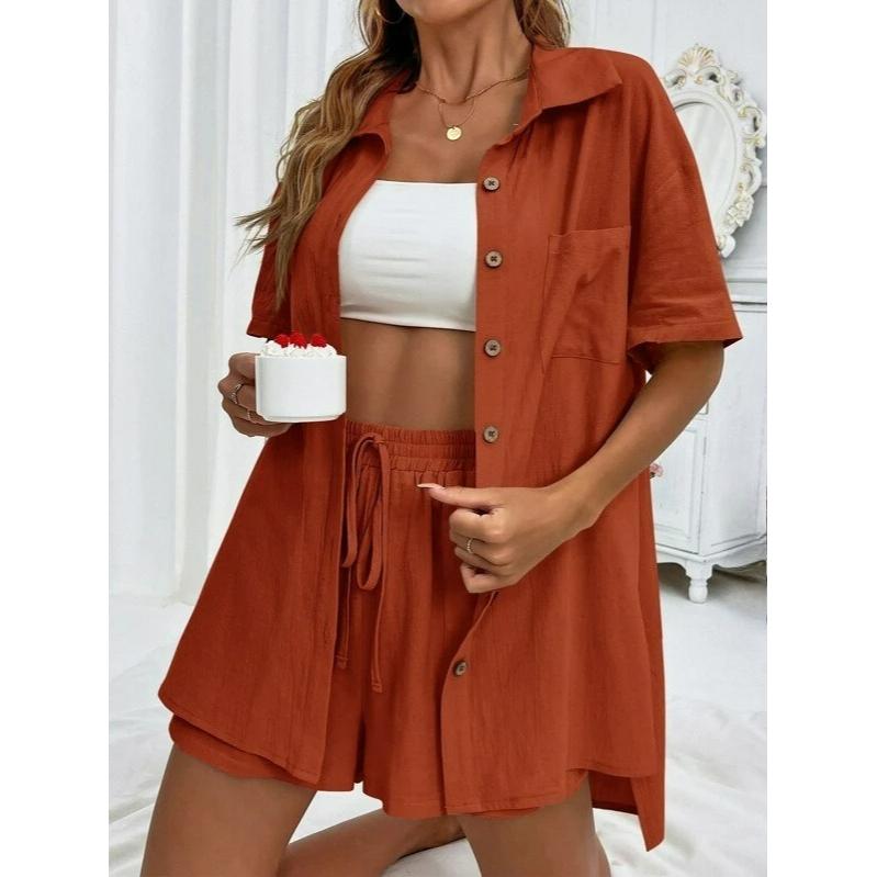 Fashion Shorts Two-piece Solid Color Shirt Suit Women's Casual Loose Short-sleeved Single-breasted