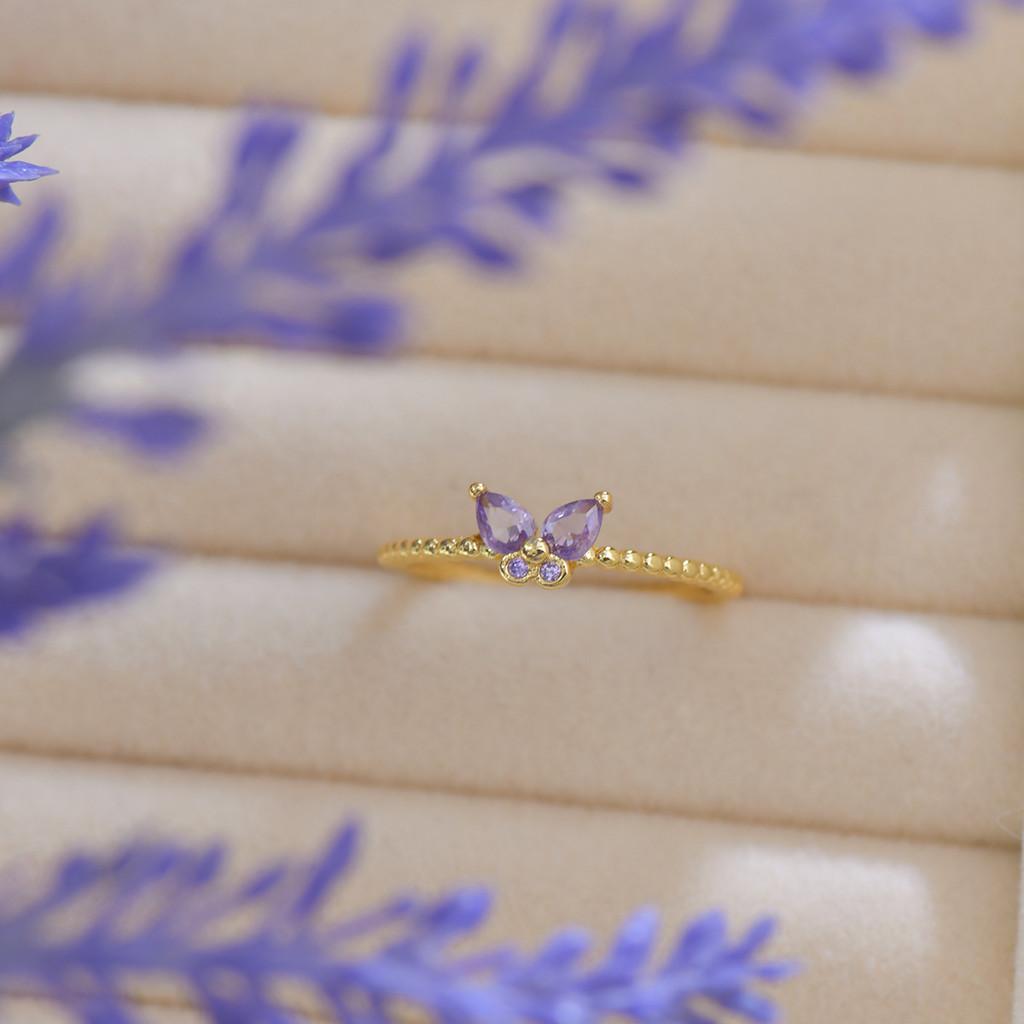 

Pinkdudu French Style Butterfly Ring Gold Plated Ring with Purple Zircon Adjustable Open Band for Daily Wear PD2401