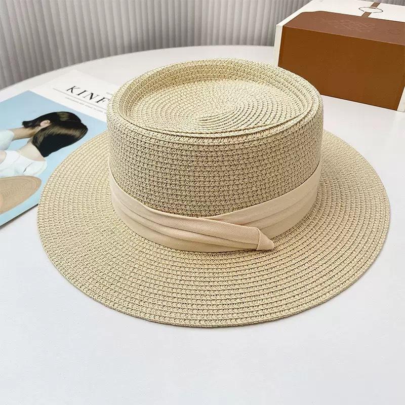 Bow Burr Edge Flat Top Straw Hat Women's Summer Seaside Beach Vacation Japanese Hawaiian Sun Woven Visor
