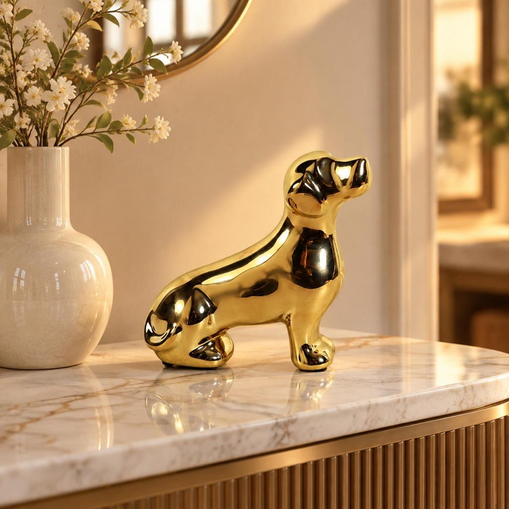 Dog Figurine with Glossy Electroplated Finish Polished Surface Ceramic