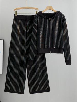 Women's High-End Fashion Casual Sports Suit: Rhinestone Hooded Jacket & Wide-Leg Pants Set for Autumn/Winter