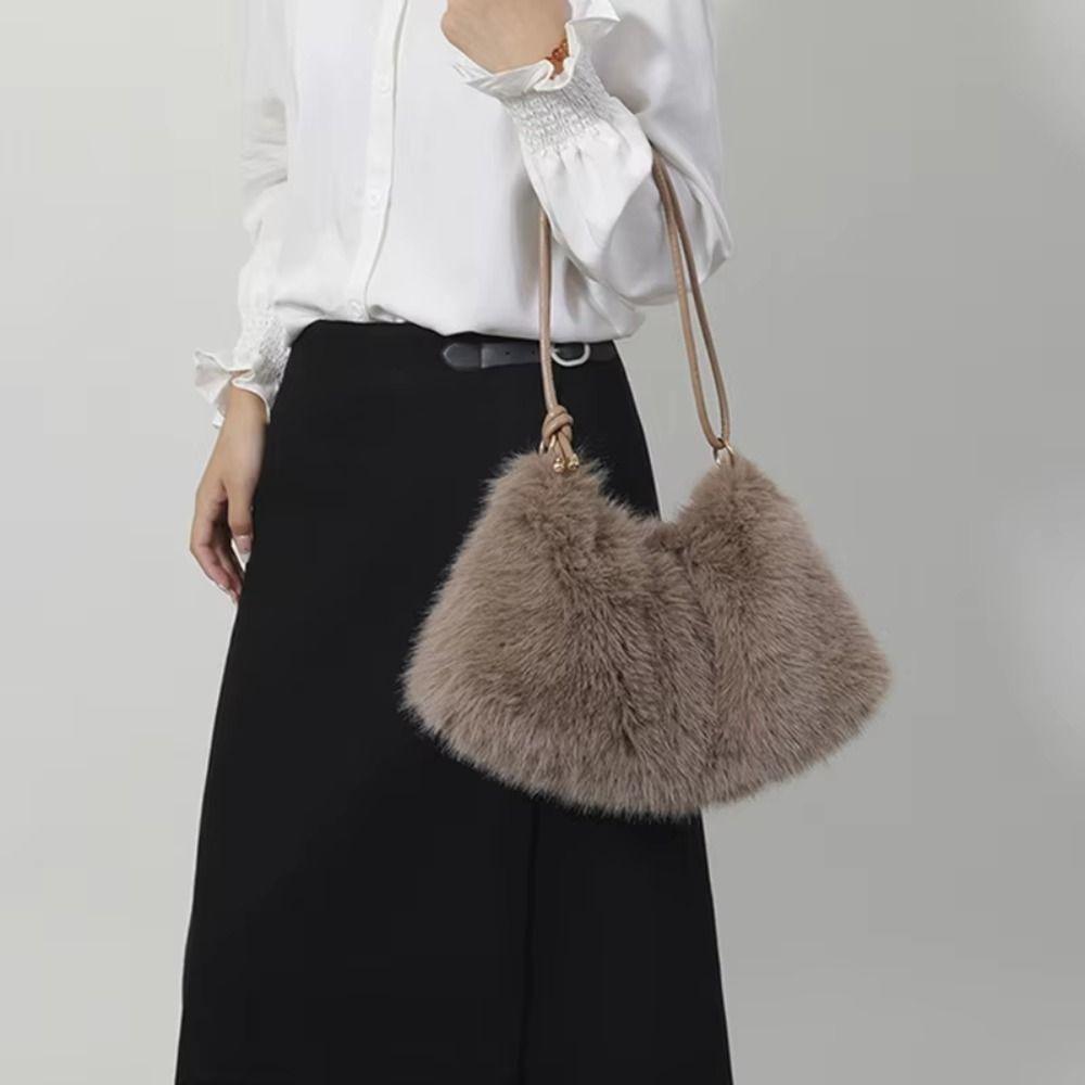 Effen Kleur Nepbont Hobo Tas Warme Dames Handtas Casual Pluizige Schoudertas Dagelijks