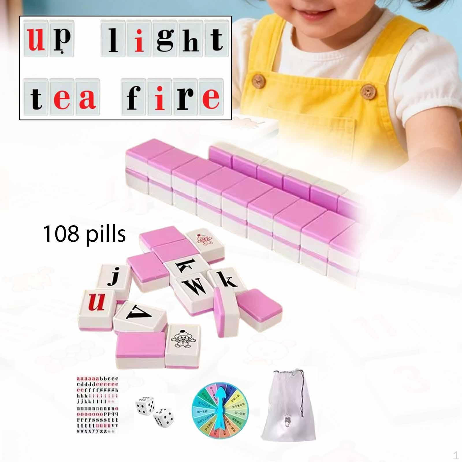 Kids Alphabet Mahjong Set Matching Letter Game Toy 108 Tiles with Stickers Word Spelling Block розовый