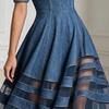 Damen schulterfreies Jeanskleid, Netz-Patchwork Kurzarm A-Linie Swingkleid, Sommer Reise Urlaub langes Kleid