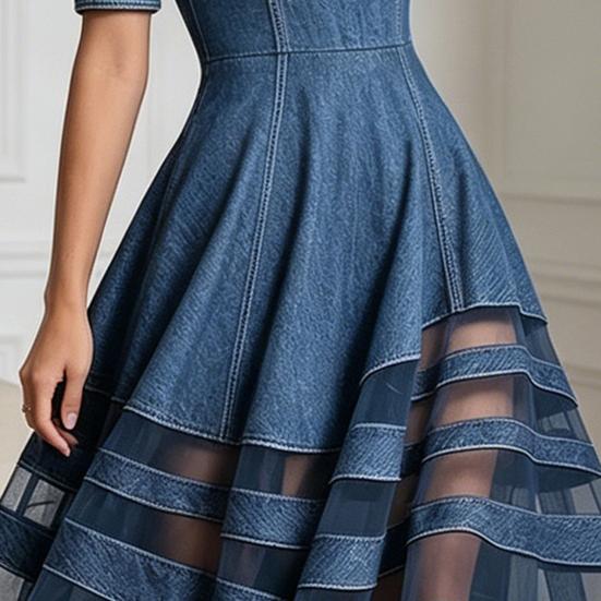Damen schulterfreies Jeanskleid, Netz-Patchwork Kurzarm A-Linie Swingkleid, Sommer Reise Urlaub langes Kleid