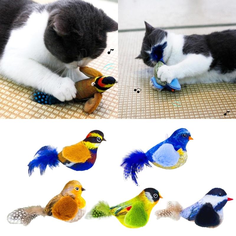 Interactive Toy for Cats Cute Plush Birds Toy Plush Birds Shape with Realistic Bird Sounds for Cats Alone Exercise