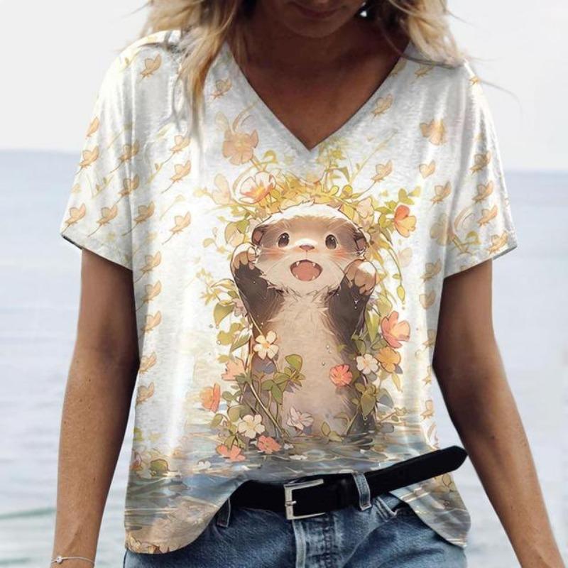 Cute Animals Printed V-Neck Woman Clothing Harajuku Women's T-Shirts Casual Oversize Short Sleeve Tshirt Loose Pullover Kawaii