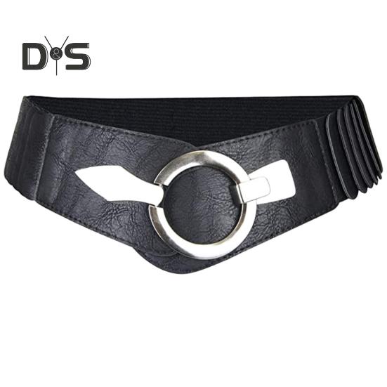 

Широкий эластичный пояс для женщин, универсальный, однотонный, эластичный, пояс для платья из искусственной кожи с пряжкой из сплава чёрный