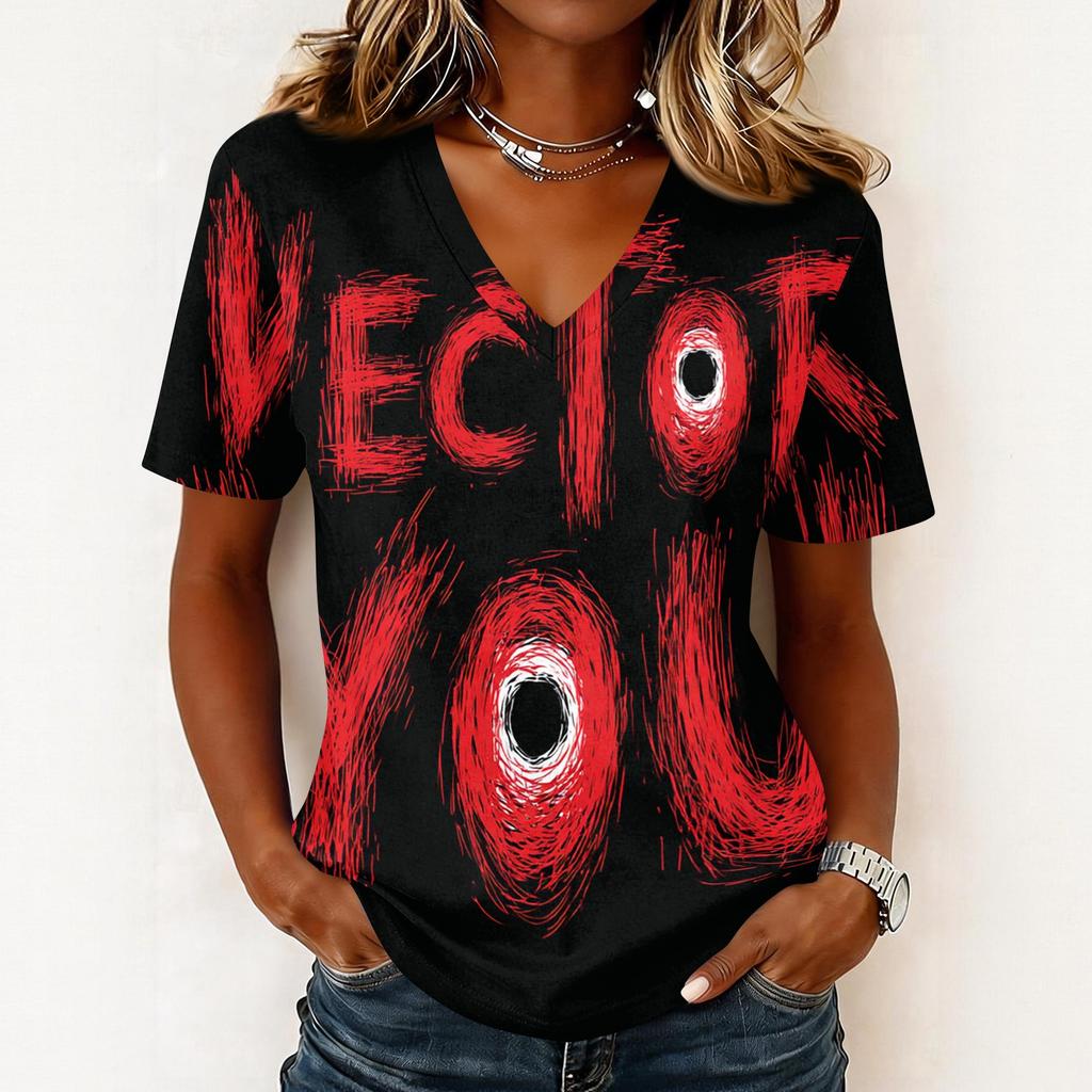 Haut pull décontracté à manches courtes et col en V pour femme, imprimé Halloween, coupe ample, t-shirt léger pour un usage quotidien